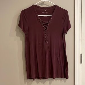 American Eagle small burgundy lace up front top